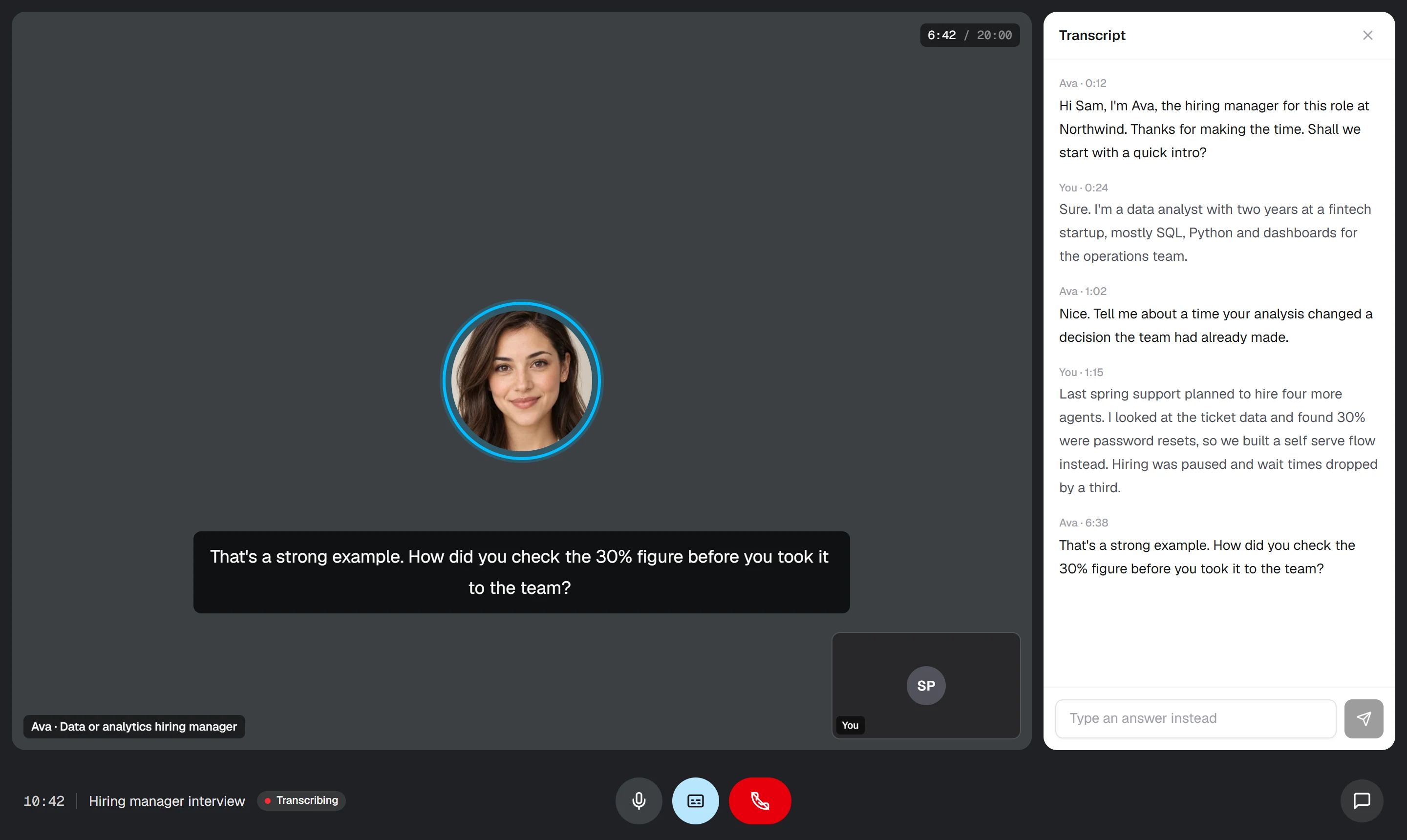 The BeforeRound interview screen: Ava asks a follow up question with live captions while the transcript fills in beside her